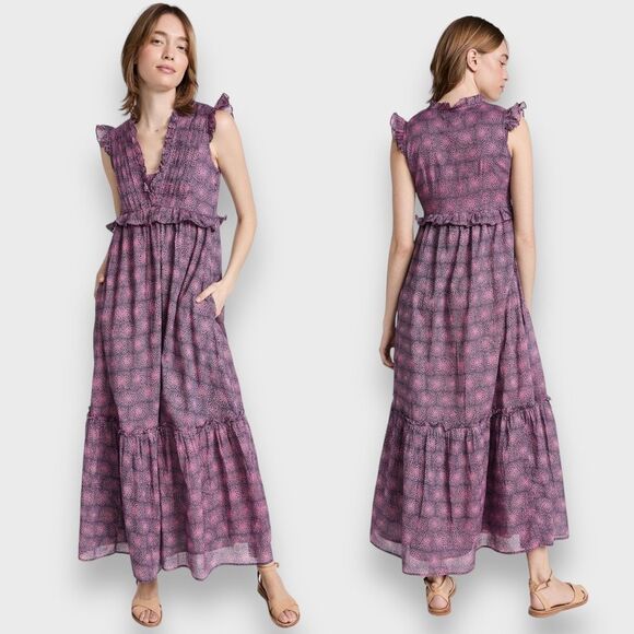 Banjanan Constance Petal Power Blueprint Ruffle Purple Maxi Dress Size Large‎ - Picture 1 of 8